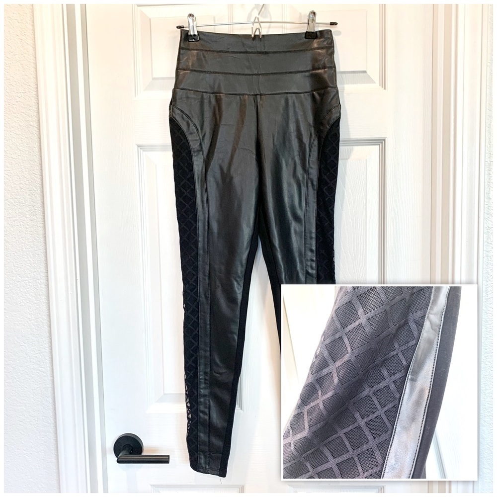Bebe Black High-Waisted Wide Waistband Mesh Inset Faux Leather Stretch Leggings